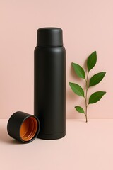 Minimalist black thermos bottle with detached lid and green leaf on soft pink background, representing eco-friendly lifestyle, hydration, and sustainable product design aesthetics

