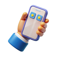 Cartoon hand holding a modern smartphone with app icons isolated on transparent background