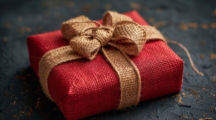 Wrapped red burlap gift box with a rustic tan burlap bow against a dark, speckled background