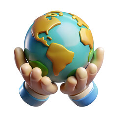 3d cartoon hands holding planet earth isolated on transparent background
