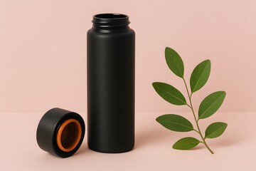Minimalist black thermos bottle with detached lid and green leaf on soft pink background, representing eco-friendly lifestyle, hydration, and sustainable product design aesthetics

