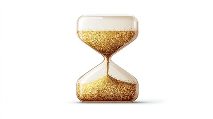 A clear hourglass filled with golden granular material, the sand slowly falling downward