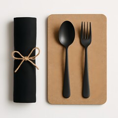 Top view of minimalist black spoon and fork on cork placemat beside a rolled black napkin tied with string, ideal for modern table setting, dining, or kitchen-related designs


