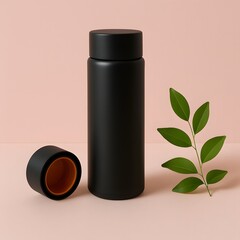 Minimalist black thermos bottle with detached lid and green leaf on soft pink background, representing eco-friendly lifestyle, hydration, and sustainable product design aesthetics

