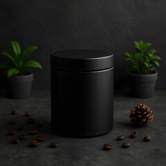Matte black cylindrical container on dark stone background with pinecone, scattered seeds, and potted green plants, ideal for product branding, packaging, or natural cosmetics themes

