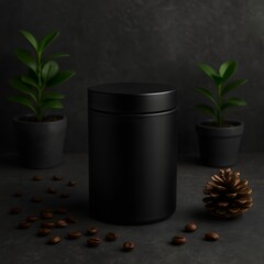 Matte black cylindrical container on dark stone background with pinecone, scattered seeds, and potted green plants, ideal for product branding, packaging, or natural cosmetics themes

