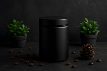 Matte black cylindrical container on dark stone background with pinecone, scattered seeds, and potted green plants, ideal for product branding, packaging, or natural cosmetics themes

