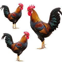 Fototapeta premium Illustration of Three Colorful Roosters on Transparent Background