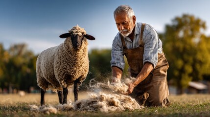 farmer shearing wool from a sheep, wool fibers visibly flying through the air