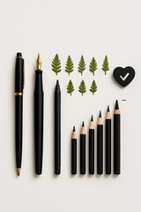 Elegant flat lay composition of black fountain pen, pencil set, small green leaves, and heart-shaped object on white background symbolizing creativity, balance, and eco lifestyle

