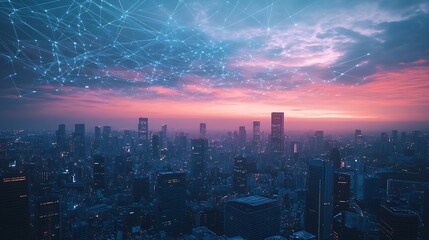 Fototapeta premium Cityscape at Dusk with Network Connection Overlay