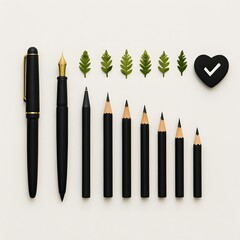 Elegant flat lay composition of black fountain pen, pencil set, small green leaves, and heart-shaped object on white background symbolizing creativity, balance, and eco lifestyle

