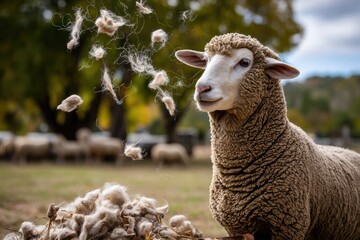 farmer shearing wool from a sheep, wool fibers visibly flying through the air