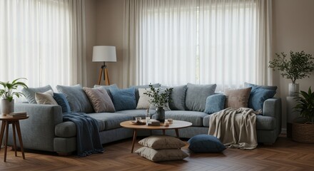Cozy and Modern Living Room with Blue Sofa, Decorative Pillows, and Natural Light from Large Windows