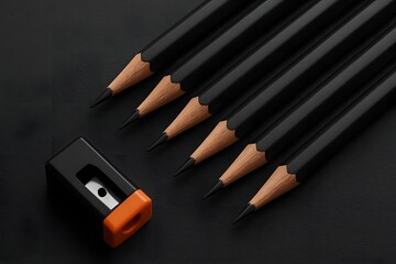 Minimalist top view of six black wooden pencils aligned next to a black and orange sharpener on a dark background, perfect for creative, educational, or design-related themes

