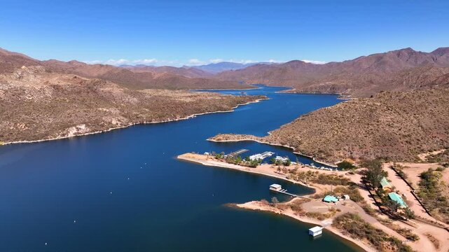 Aerial view of serene lake and mountains, United States.