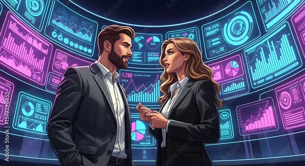 Poster a business man and woman discussing data analytics in front of digital displays.