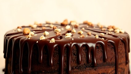 "Decadent Chocolate Hazelnut Cake with Rich Drizzling Chocolate – A Tempting Close-Up"