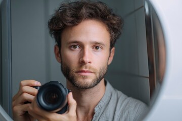 A man with curly hair  beard holds a camera reflected in a round mirror wearing a gray shirt set against a plain background