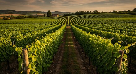 Lush vineyard with row of grapevines extending to the horizon.