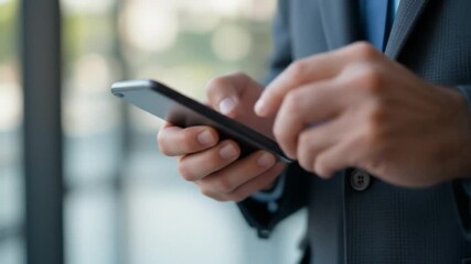 Businessman uses his smart phone in his office with glass background or window view - Powered by Adobe