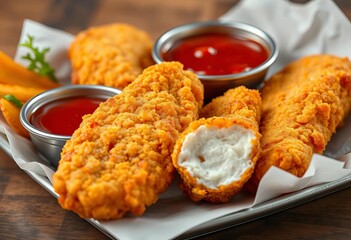 Golden-brown crispy chicken tenders, juicy inside, served with tangy BBQ sauce, meal, top view