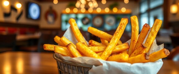 Golden-brown crispy fries, seasoned perfectly, in a basket Restaurant setting, crunchy, fries