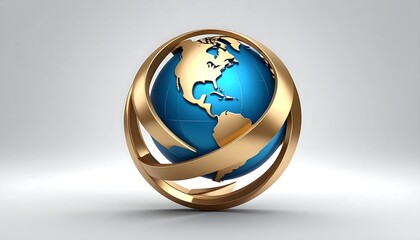 A blue globe, centered in a gold, looping, three-dimensional ring, sits on a plain light gray background