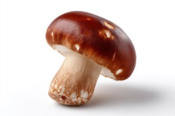 A mushroom with a brown cap and light brown stem sits against a white background