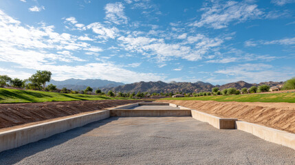Dry concrete drainage channel in desert landscape with mountain view under blue sky and scattered clouds