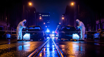Car Accident Investigation at Night on City Street