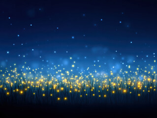 Firefly swarm glowing over dark blue night sky with grass field creating magical and peaceful atmosphere