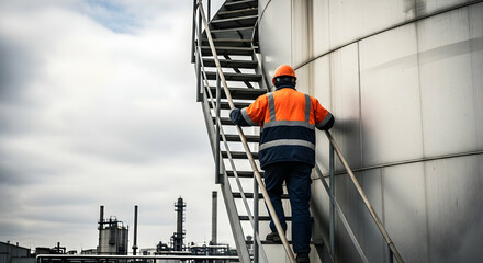 Fototapeta premium Worker Climbing Stairs at an Oil Refinery Tank - Industrial Safety and Operations