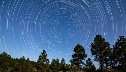 Circular Star Trails Arc Across Dark Blue Moonlit Night Sky Above Silhouetted Evergreen Trees