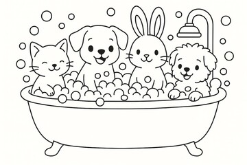 Fun Bath Time with Adorable Pets in a Simple Line Art Style