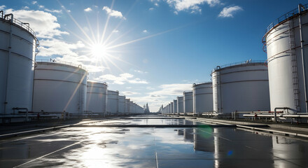 Vast Oil Refinery Storage Tanks Under Bright Blue Sky with Sun Flare and Wet Reflections