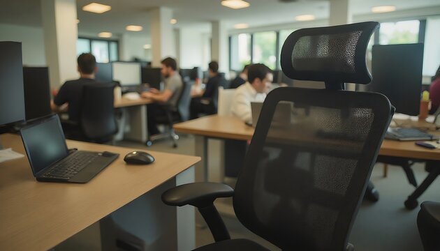 Office scene with computer, mouse, and ergonomic mesh office chair - Powered by Adobe