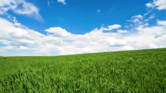 Time-lapse of fluffy clouds rolling over the vast green grassland under the bright sunlight, the wind gently moving the grass, no people, no text, ethereal and lively, with low noise.
