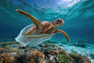 A sea turtle entangled in a piece of plastic debris