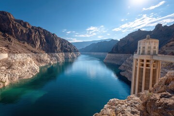 A reservoir stretches through a canyon framed by mountains and a tall concrete structure on the right Blue sky with sun