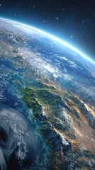 Fototapeta premium Earth from space showing vibrant blue oceans, green and brown mountainous terrains, white cloud