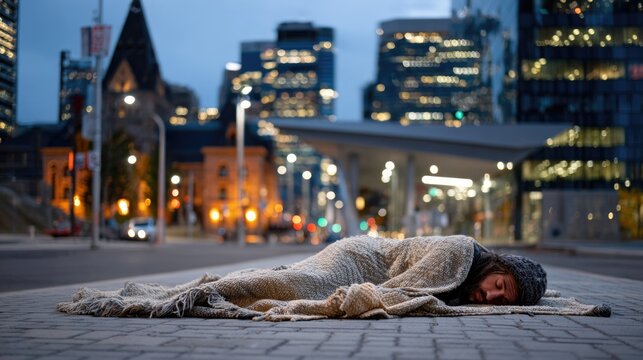 A poor people sleeping on a city street - Powered by Adobe