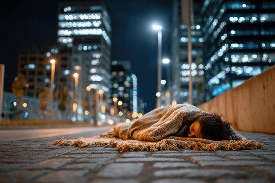 A poor people sleeping on a city street