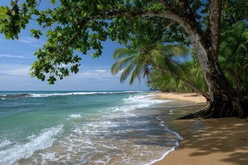 A serene beach scene with a sandy shore gentle waves and lush green trees