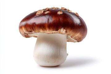 A single brown mushroom with a thick white stem and small rough scales on the cap