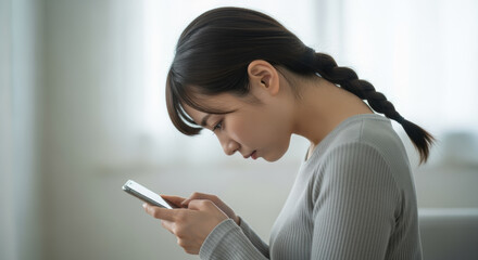 スマホを操作する若い女性　ストレートネック　スマホ首