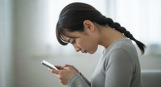 スマホを操作する若い女性　ストレートネック　スマホ首