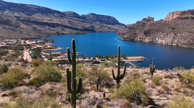 Aerial view of apache lake and mountains in summer, United States.
