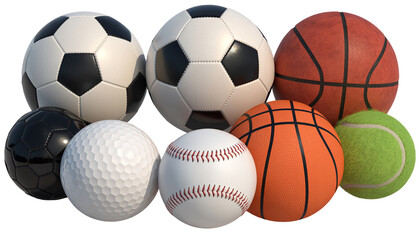 Assorted Sports Balls Collection isolated on a transparent background
