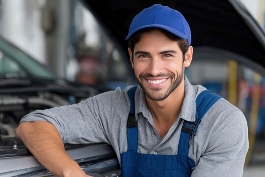 A smiling mechanic with a beard and a blue cap leans on a car